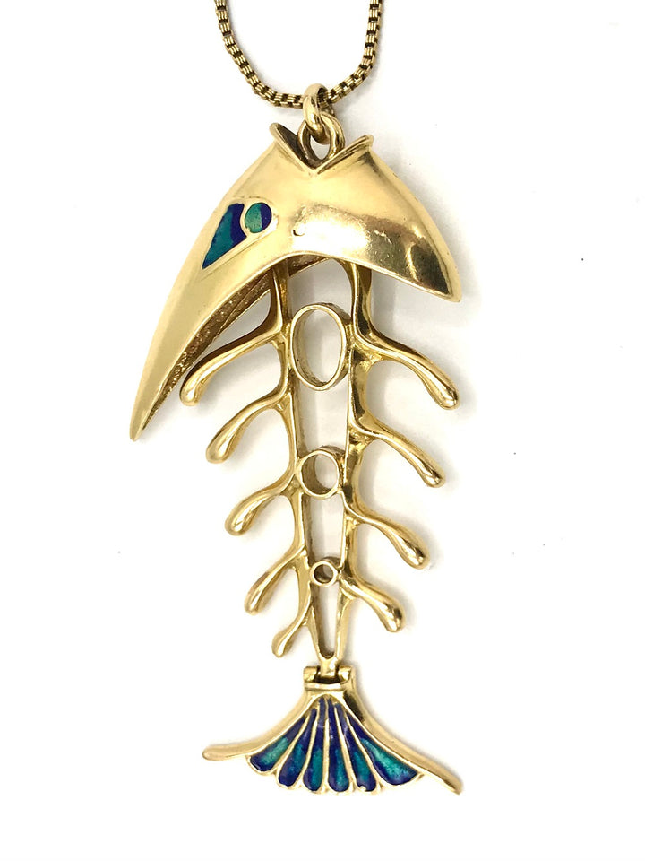 Artisan 18k Yellow Gold Enamel Fish Pendant with Chain Necklace