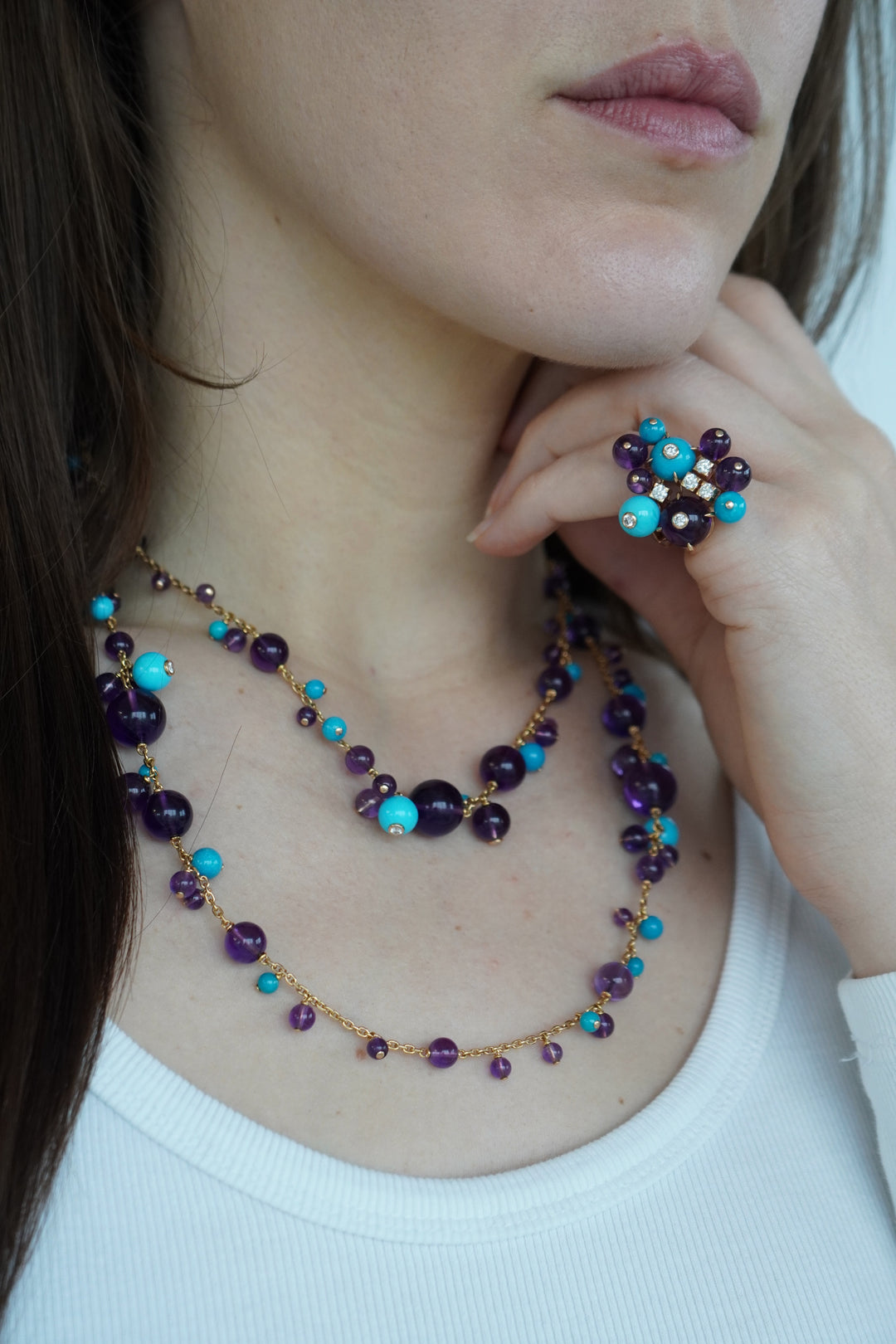 Cartier Necklace & Ring Set 18k Gold Amethyst Turquoise Diamond Box & Cert.