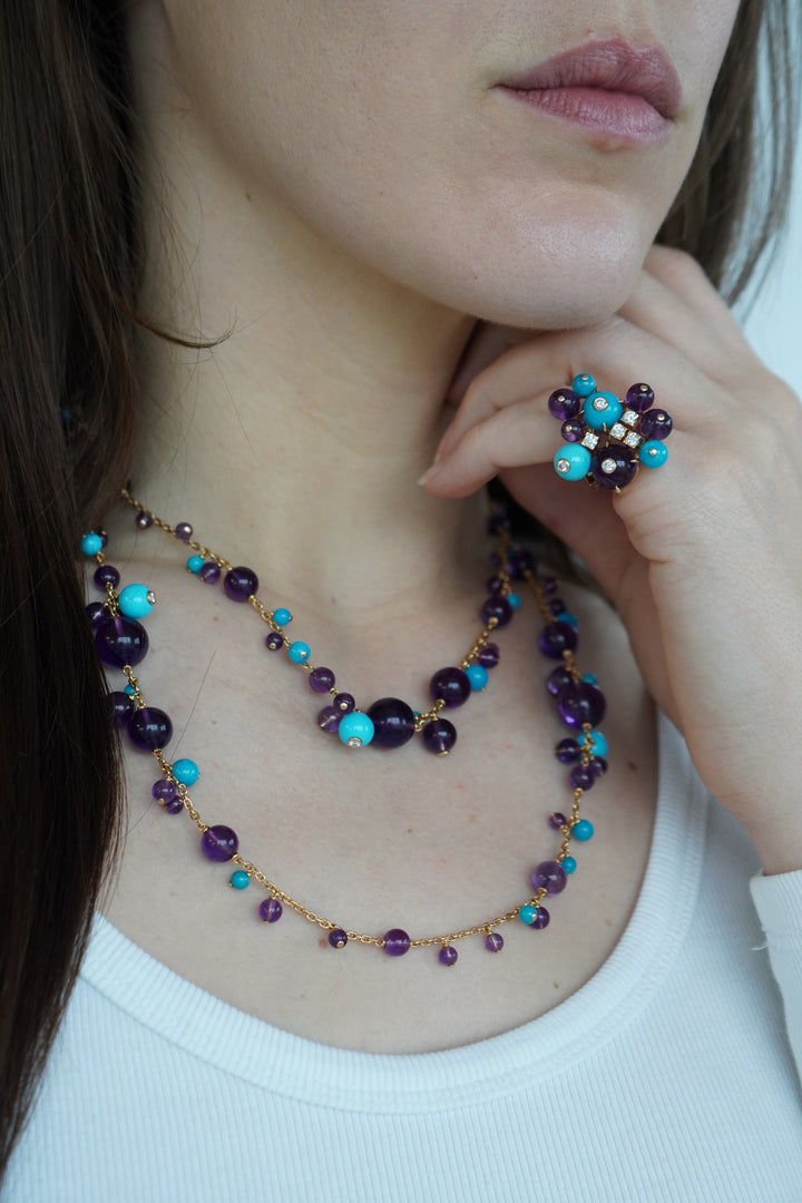Cartier Necklace & Ring Set 18k Gold Amethyst Turquoise Diamond Box & Cert.