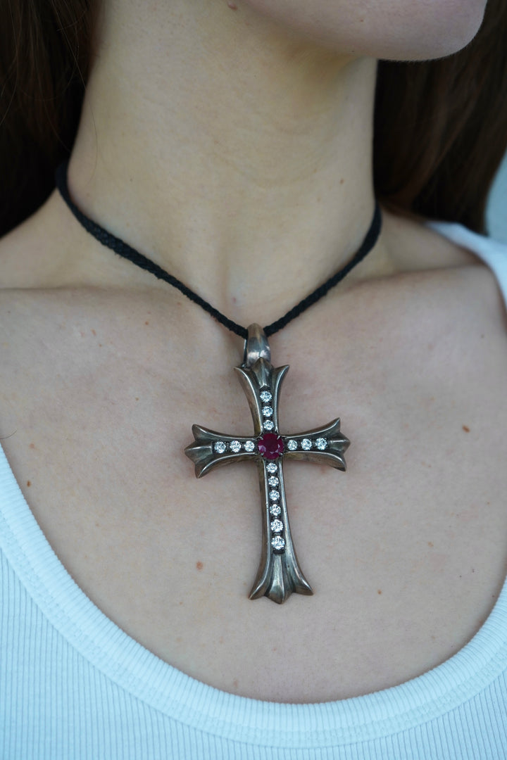 2001 Chrome Hearts Silver Ruby Diamond Cross Pendant Leather Necklace