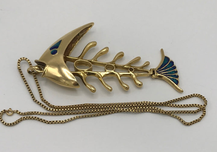 Artisan 18k Yellow Gold Enamel Fish Pendant with Chain Necklace