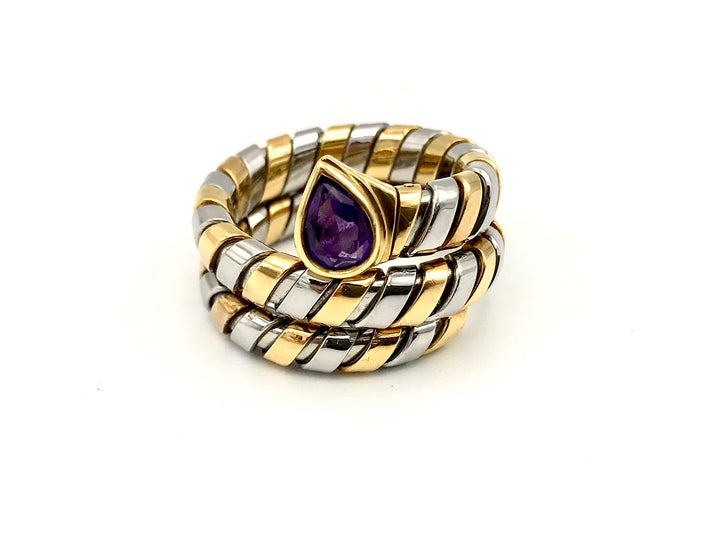 Bulgari Tubogas Serpenti Yellow Gold Stainless Steel Amethyst Ring