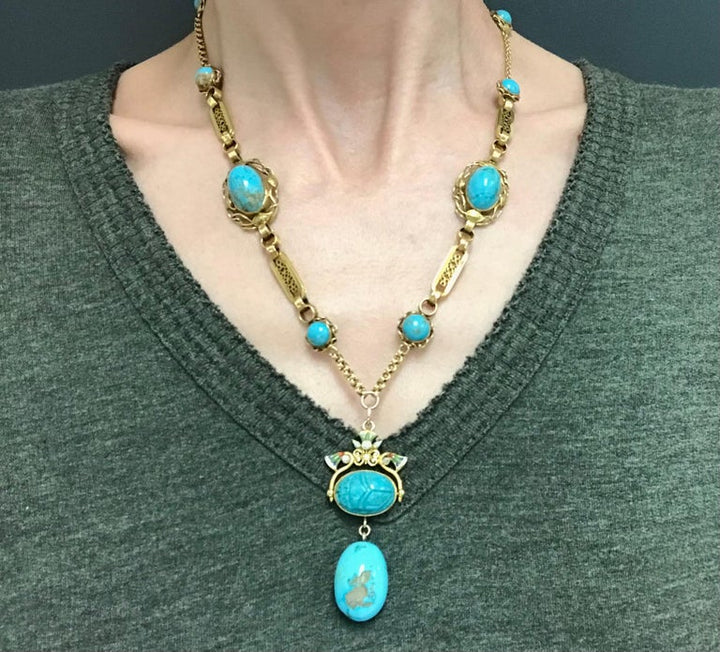 Antique Yellow Gold Diamond Enamel Turquoise Scarab Necklace