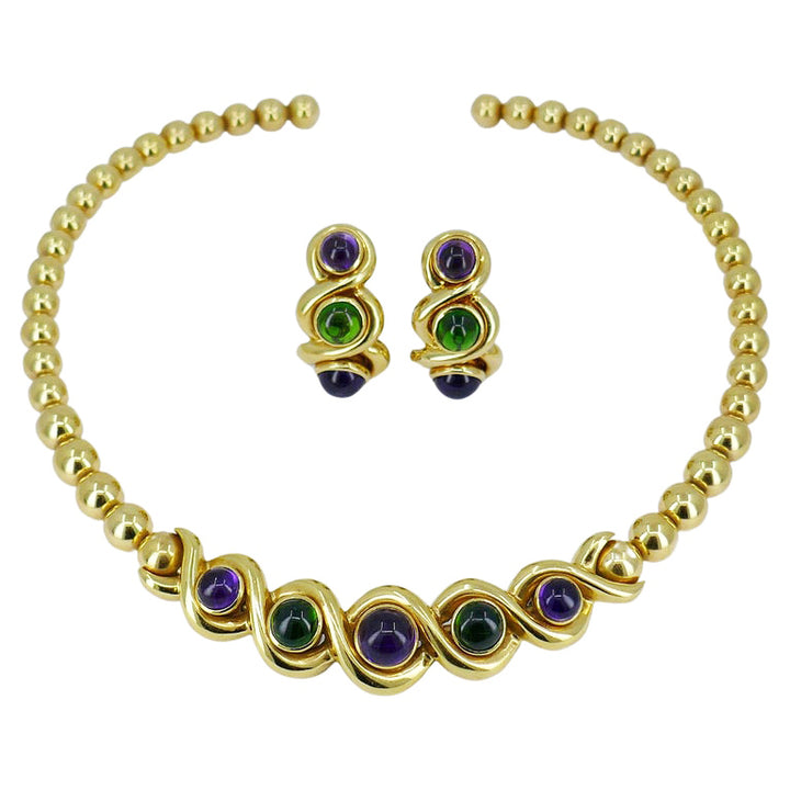 Jean Vitau Vintage 18k Gold Set Necklace and Earrings Gems