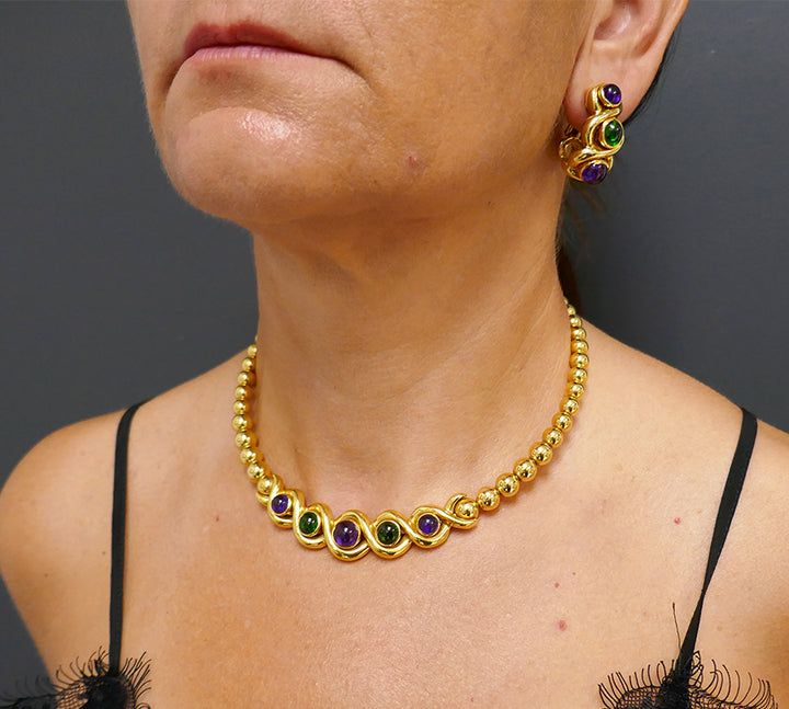 Jean Vitau Vintage 18k Gold Set Necklace and Earrings Gems
