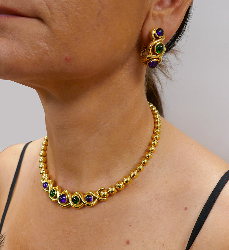 Jean Vitau Vintage 18k Gold Set Necklace and Earrings Gems