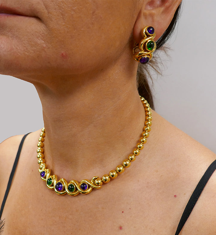 Jean Vitau Vintage 18k Gold Set Necklace and Earrings Gems