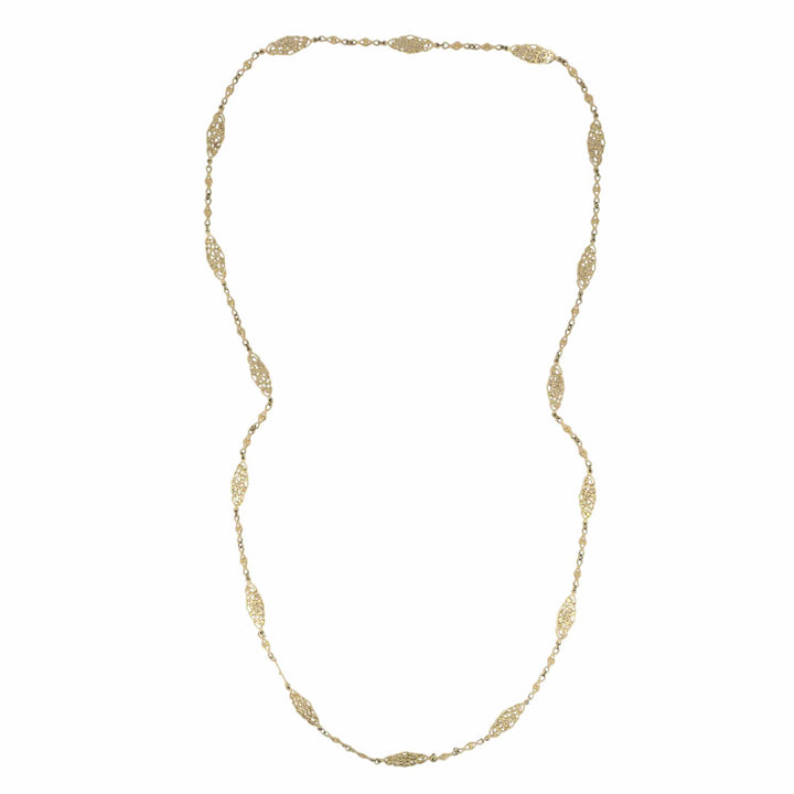 Vintage 14K Gold Openwork Filigree Marquise Long Chain Necklace