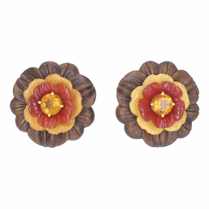 Bettina Gabetti for Trianon Flower Earrings 18k Gold Wood Carnelian Citrine