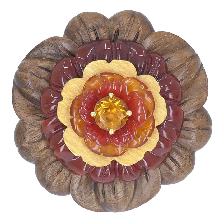 Bettina Gabetti for Trianon Flower Brooch 18k Gold Carved Wood Carnelian Citrine