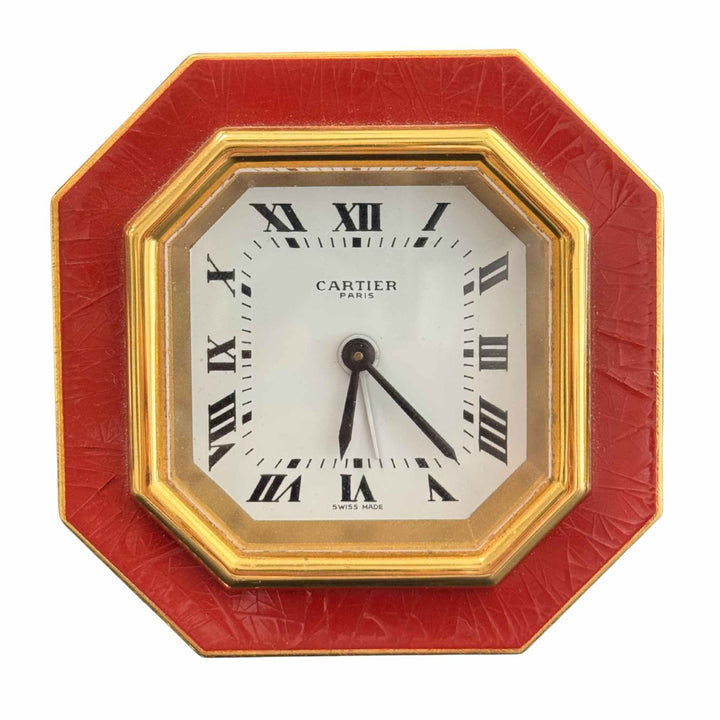 Vintage Cartier Enamel Gold Plated Brass Manual Table Clock