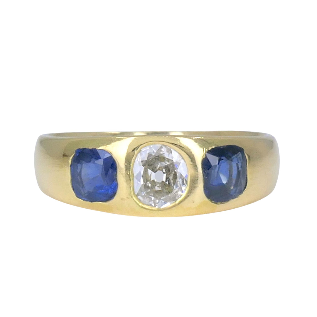Vintage 18k Gold Sapphire Diamond Gypsy Three Stone Ring
