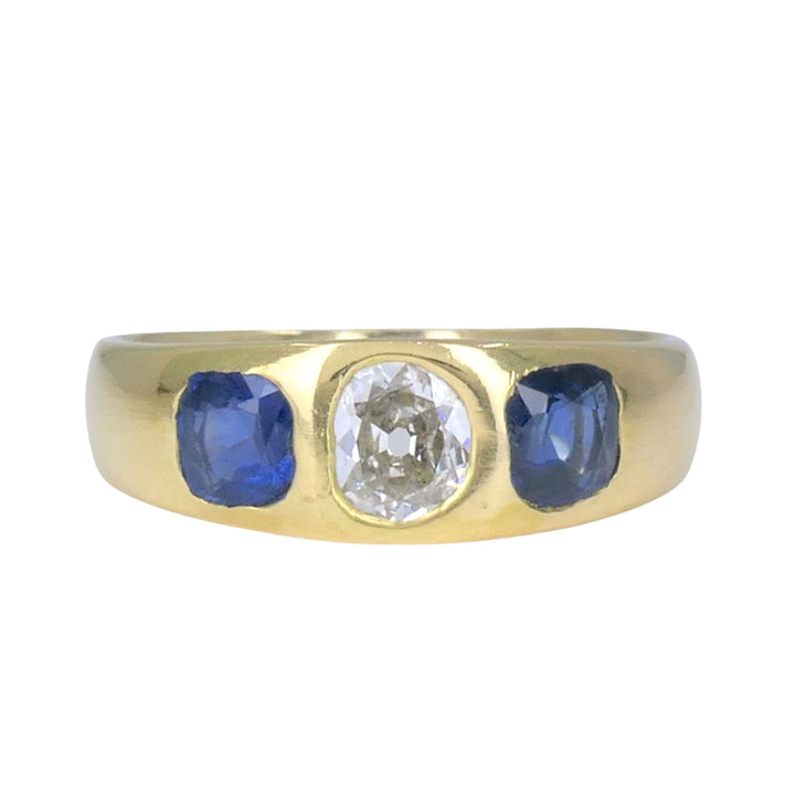 Vintage 18k Gold Sapphire Diamond Gypsy Three Stone Ring