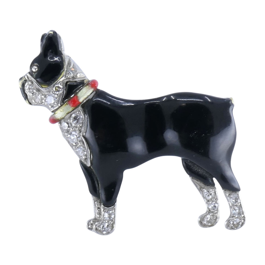 Art Deco Platinum Onyx Diamond Enamel French Bulldog Brooch, Circa 1920s–1930s