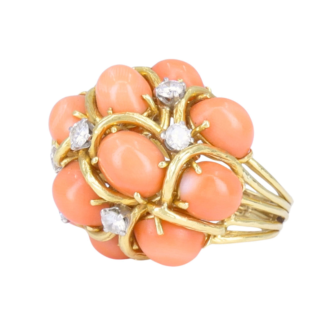 David Webb 18k Gold Coral Diamond Cocktail Dome Ring