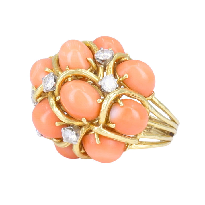 David Webb 18k Gold Coral Diamond Cocktail Dome Ring