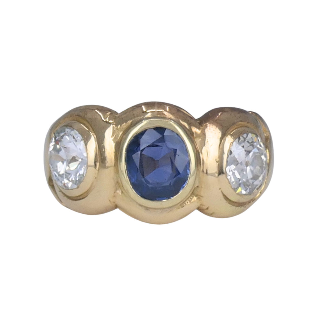 Antique 14k Gold Sapphire Old European Cut Diamond Three Stone Ring