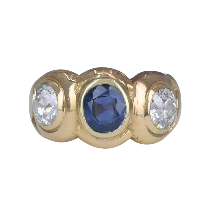 Antique 14k Gold Sapphire Old European Cut Diamond Three Stone Ring