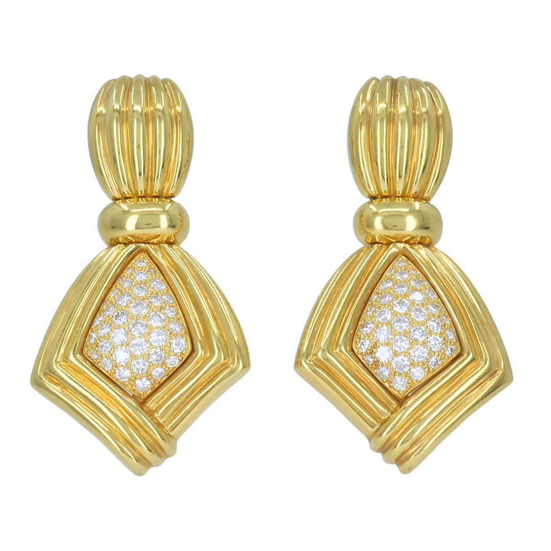 Vintage Boucheron Paris 18k Gold Diamond Ribbed Drop Earrings