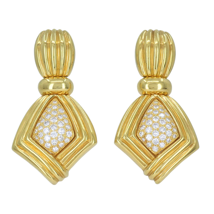 Vintage Boucheron Paris 18k Gold Diamond Ribbed Drop Earrings