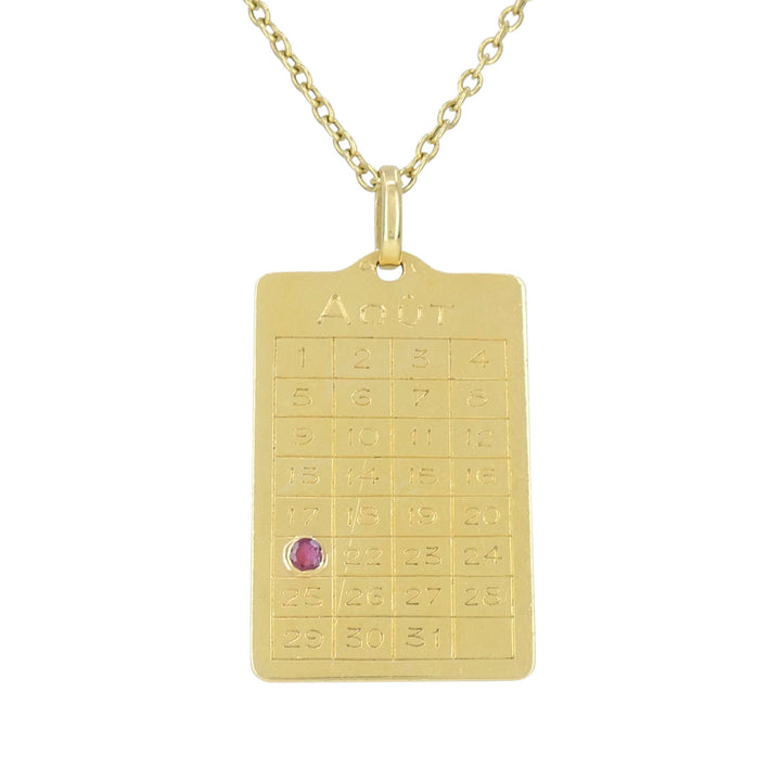 French 18k Gold Ruby 'August 21st' Calendar Pendant Chain Necklace