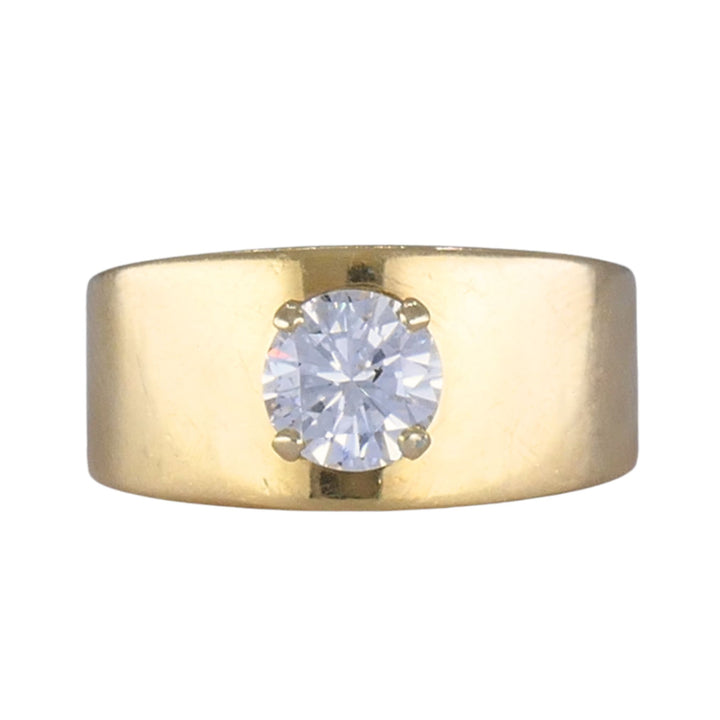 Vintage 1970s 14k Yellow Gold Round Brilliant Solitaire Diamond Wide Band Ring