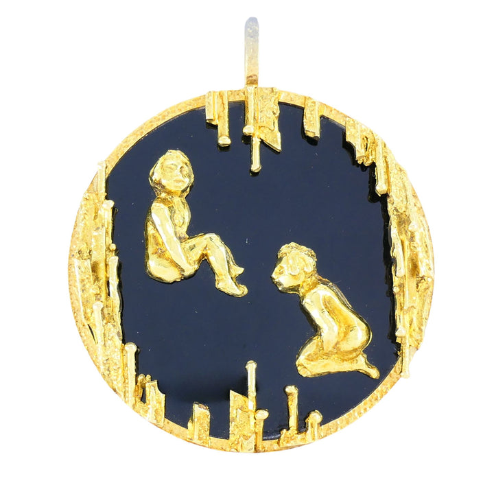Vintage Kutchinsky 18k Gold Onyx Gemini Zodiac Pendant, Original Box