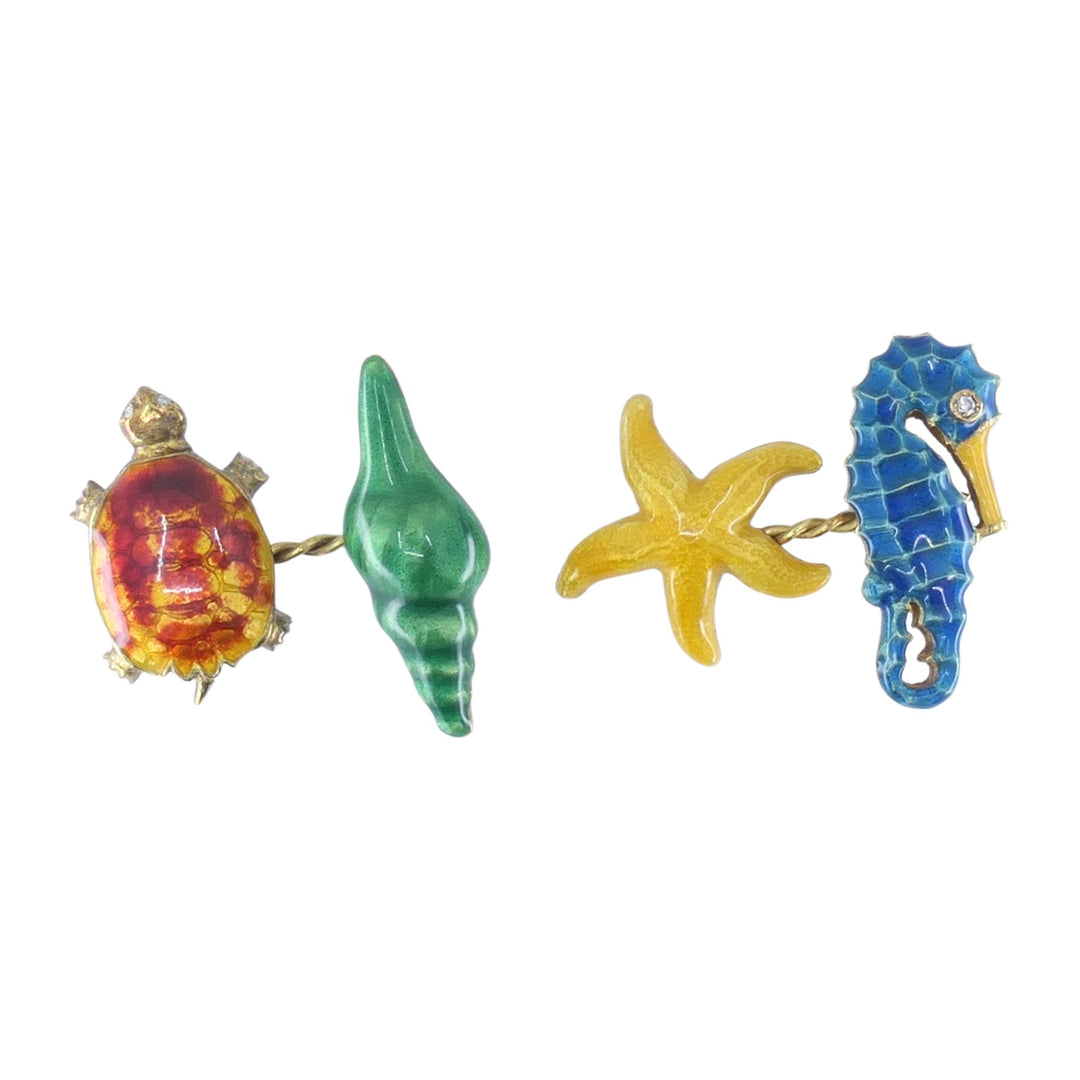 Vintage LOZ 18k Gold Enamel Turtle Seahorse Starfish Shell Cufflinks