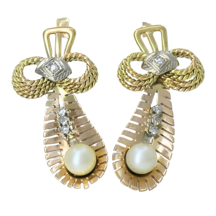 Retro 14k Tri Color Gold Diamond & Pearl Earrings Circa 1940s