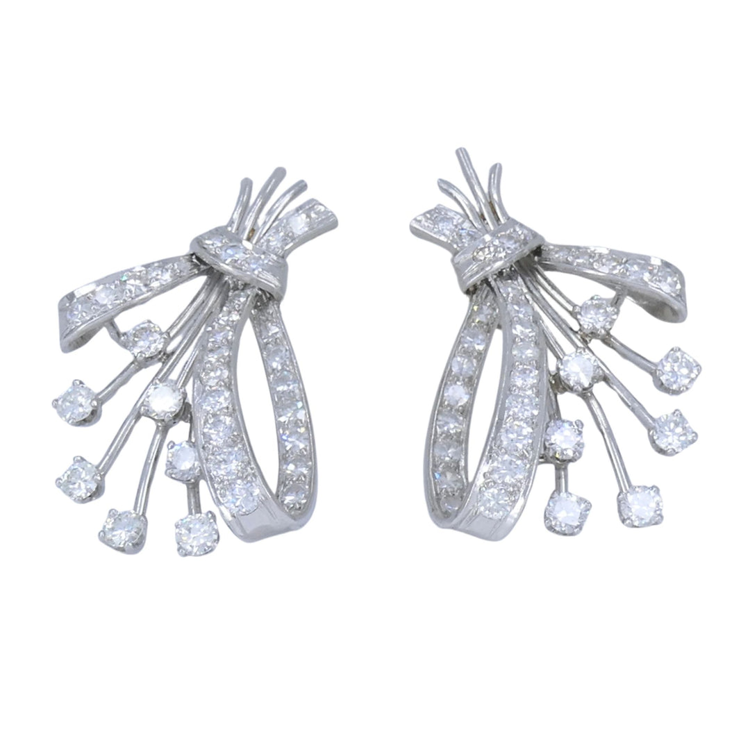 Mid Century Platinum Diamond Spray Earrings 4.30 Carats Bow Motif Gold Posts