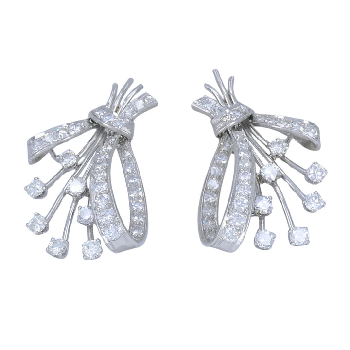 Mid Century Platinum Diamond Spray Earrings 4.30 Carats Bow Motif Gold Posts