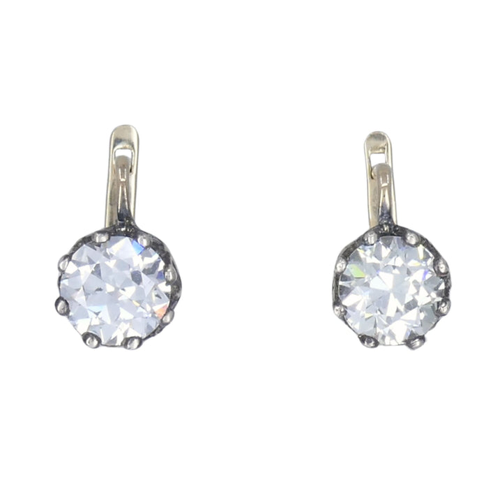 Antique Two Tone Diamond Drop Earrings 14k Gold Silver Old European Cut