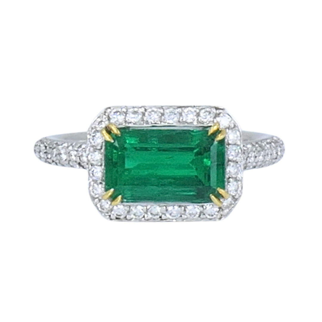 GIA Certified Colombian Emerald Diamond Ring 18k White and Yellow Gold