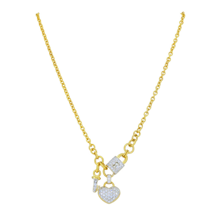 Vintage 18k Gold Diamond Heart Lock Key Pendant Necklace