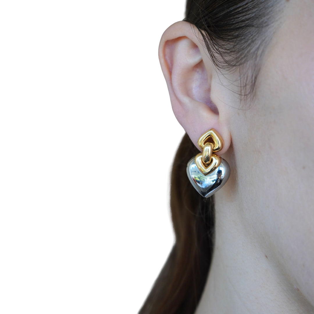 Vintage Bvlgari 18k Gold Steel Doppio Cuore Heart Earrings