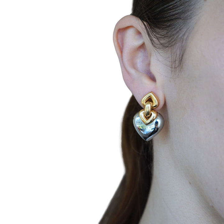 Vintage Bvlgari 18k Gold Steel Doppio Cuore Heart Earrings