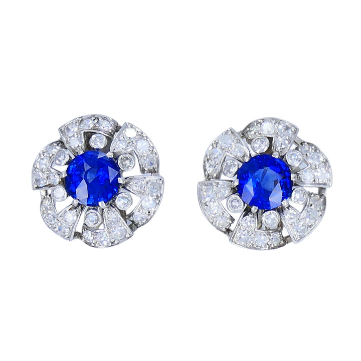 Vintage French Sapphire Diamond Platinum 18k White Gold Cluster Earrings
