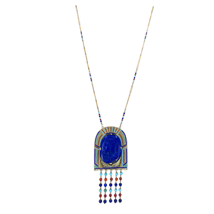 Egyptian Revival 14k Gold Gemstones Enamel Pendant Necklace