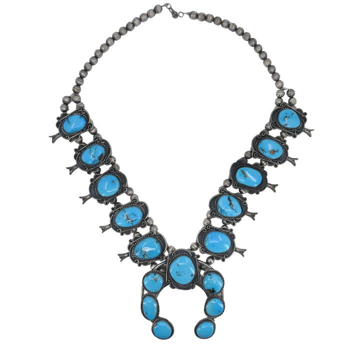 Navajo Native Indian Sterling Silver Turquoise Squash Blossom Necklace