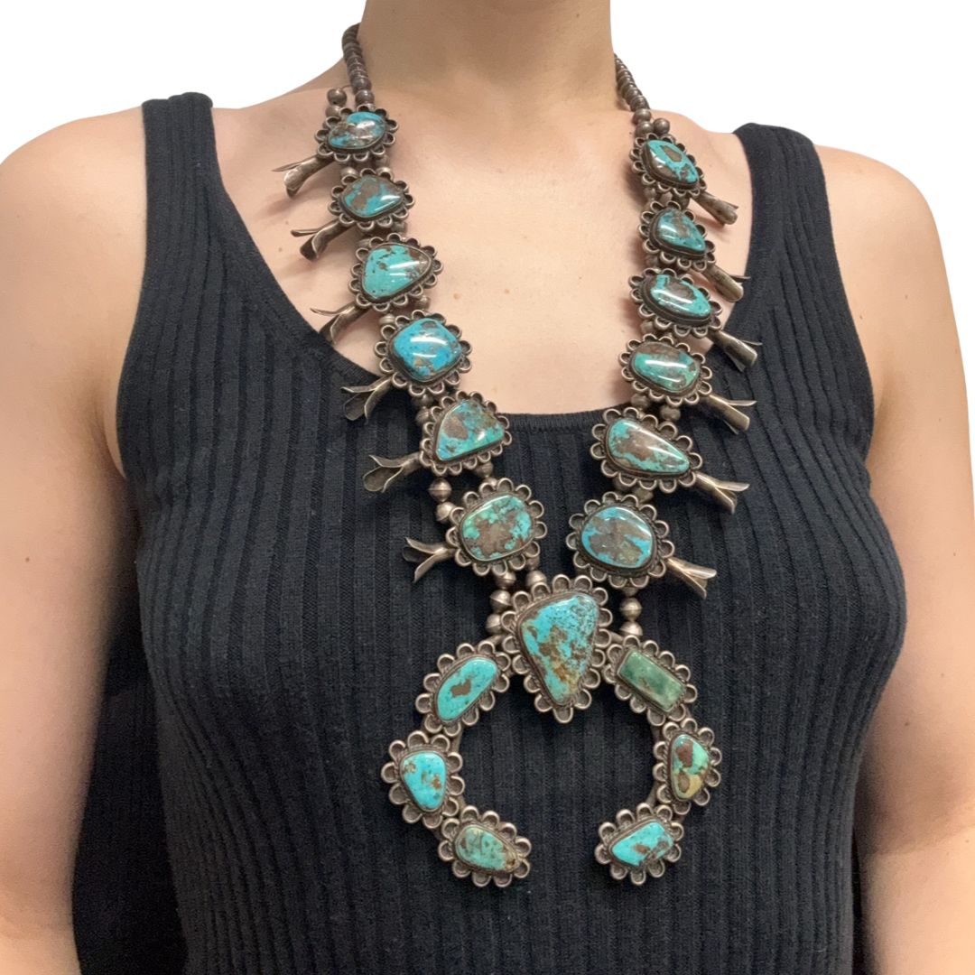 Navajo Sterling Silver Turquoise Signed Squash Blossom Necklace