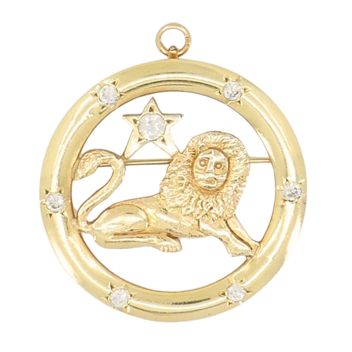 Vintage 14k Gold Diamond Leo Astrological Zodiac Pendant Pin