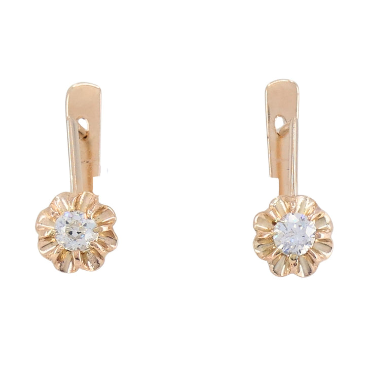Vintage 14k Soviet Rose Gold Diamond Flower Earrings