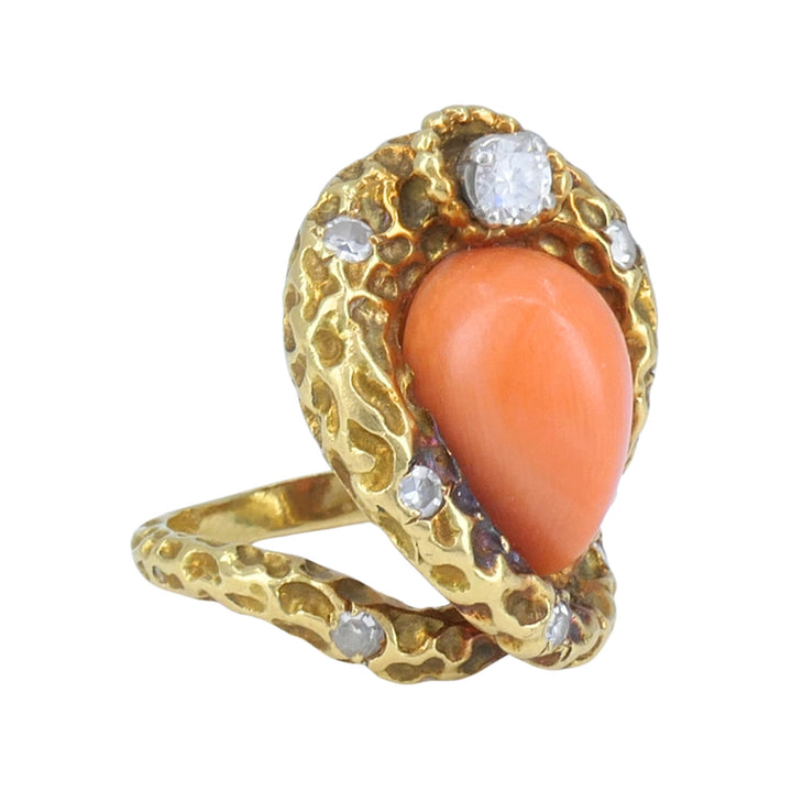 Vintage French 18k Gold Diamond Coral Cobra Snake Ring