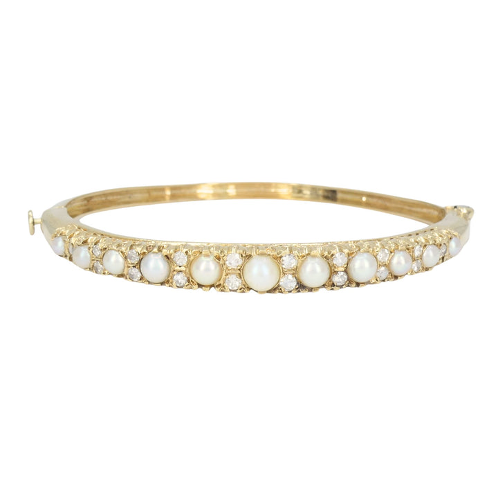 Antique Victorian 14k Yellow Gold Pearl Diamond Hinged Bangle Bracelet