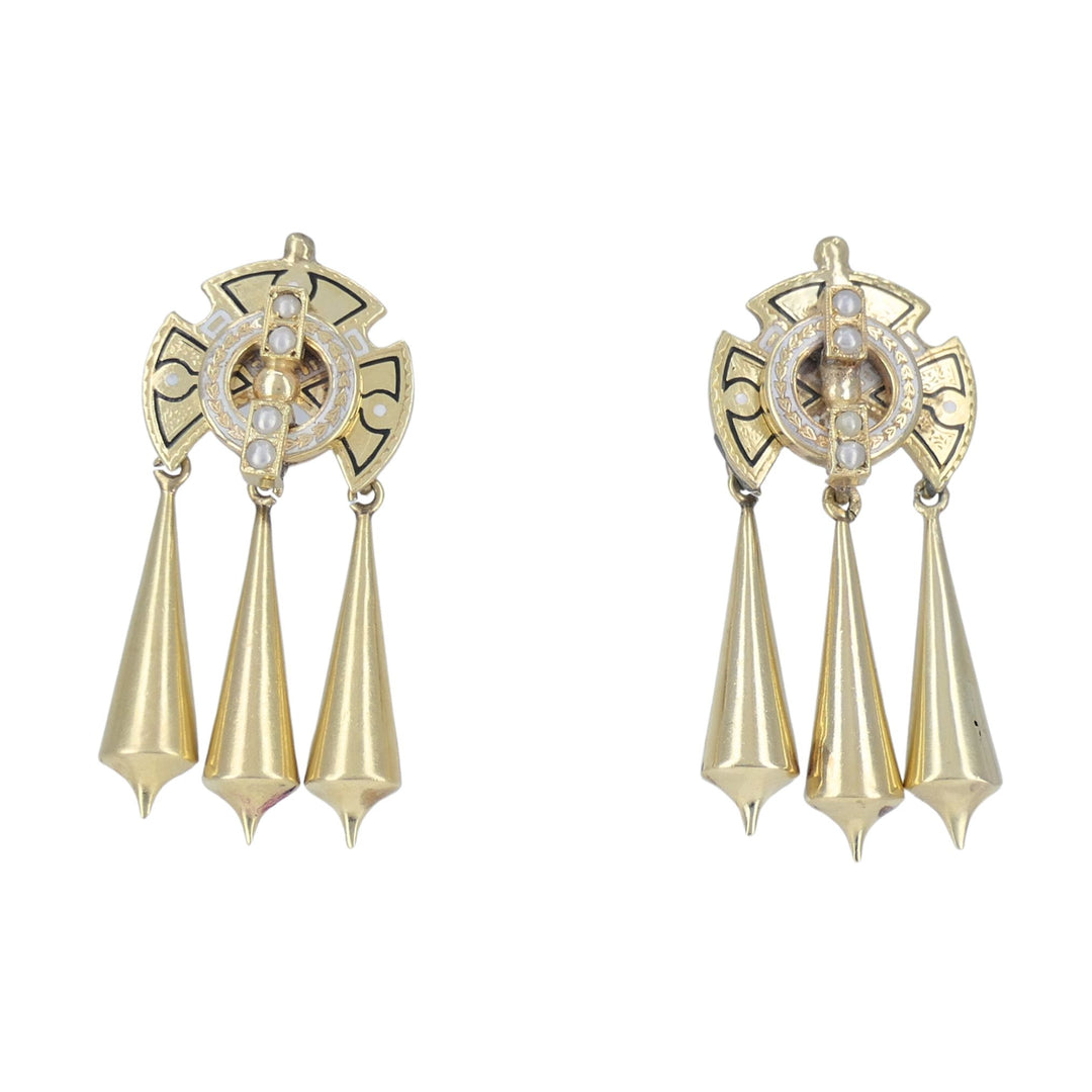 Victorian 14k Gold Enamel Seed Pearl Mechanical Drop Earrings