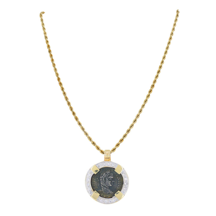 Vintage 14k Gold Diamond Ancient Coin Pendant Necklace