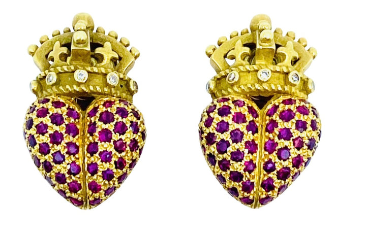 Kieselstein Cord Crown Heart Earrings Gold Ruby Diamond