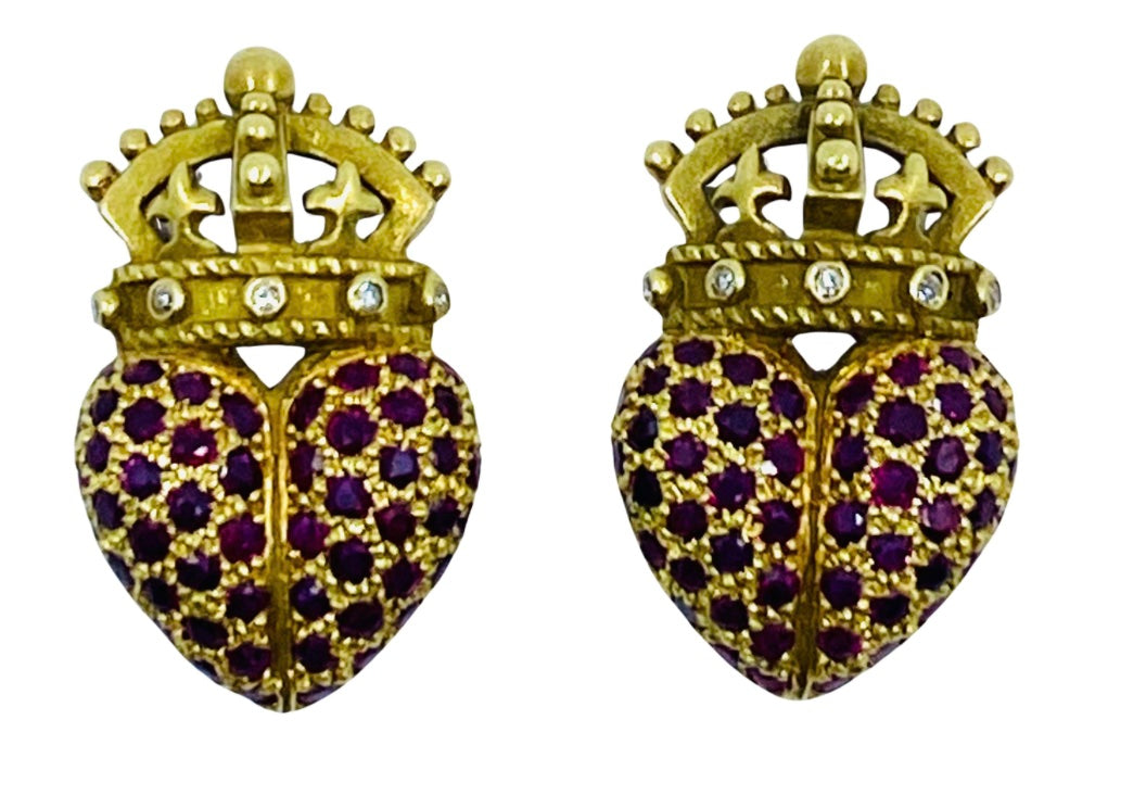 Kieselstein Cord Crown Heart Earrings Gold Ruby Diamond