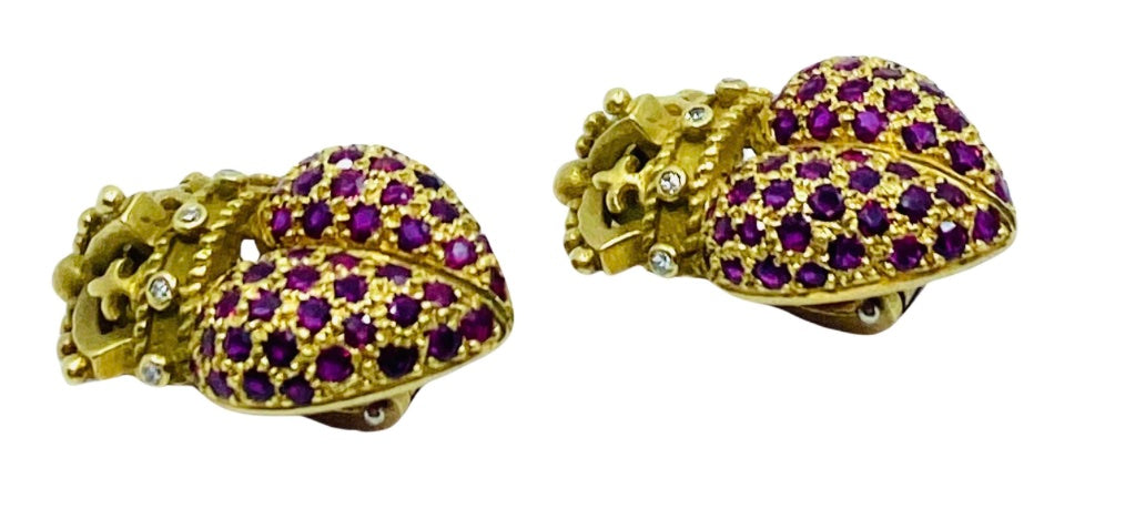 Kieselstein Cord Crown Heart Earrings Gold Ruby Diamond