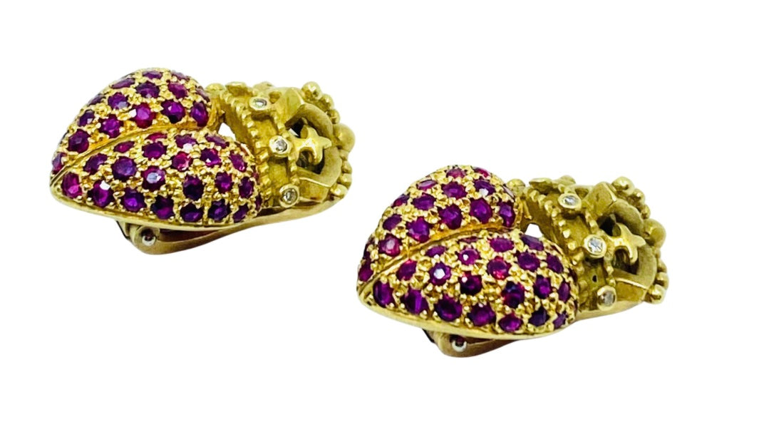 Kieselstein Cord Crown Heart Earrings Gold Ruby Diamond